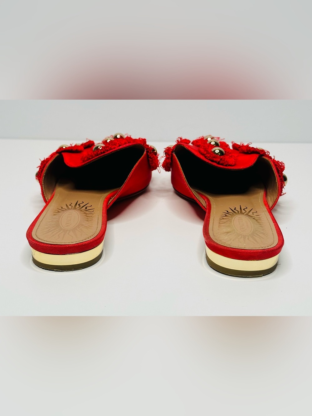 Aquazzura Sunflower Red Brocade Canvas Gold Embellished Slide Flats Mules Shoes - Picture 6 of 11